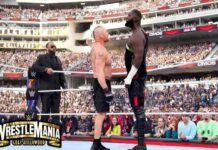 Omos vs Brock Lesnar en WWE WrestleMania 39