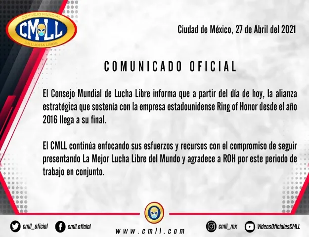 CMLL termina su alianza estratégica con ROH a partir de hoy CMLL termina su alianza estratégica con ROH a partir de hoy.